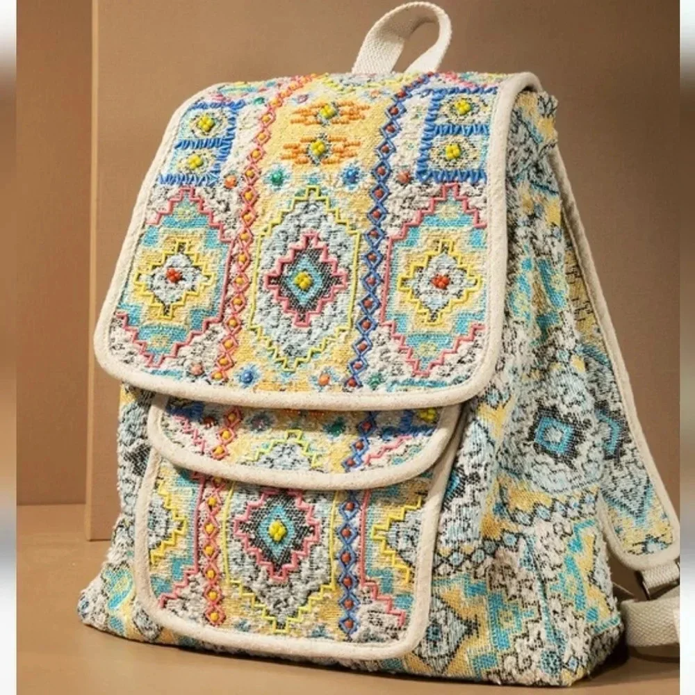Ruggine Boho Embroidered Beaded Jacquard Backpack New